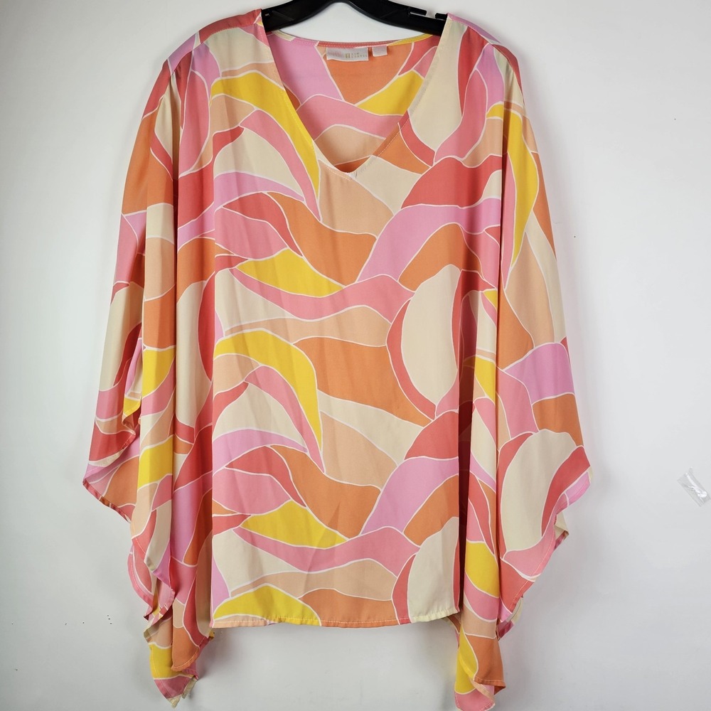 Belle by Kim Gravel Poncho Top Semi Sheer Size 1X Pink Yellow Vacation Caftan